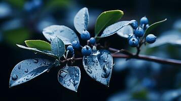 a close up of blue berries on a branch with water droplets on them generative ai photo