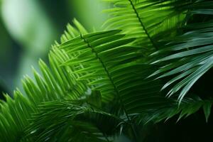 a close up of green palm leaves on a dark background generative ai photo