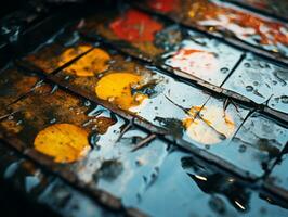 a close up of leaves on a table with water on it generative ai photo