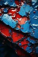 a close up of red and blue paint splattered on a surface generative ai photo