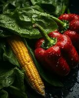 a close up of red peppers corn and spinach generative ai photo