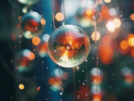a close up of some shiny balls hanging from a string generative ai photo