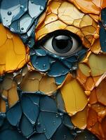 a close up of the eye of an orange blue and yellow face generative ai photo