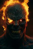 a close up of the face of a demon with fire coming out of it generative ai photo