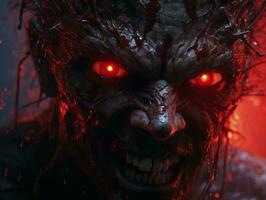 a close up of the face of a zombie with red eyes generative ai photo