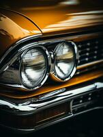 a close up of the headlight of an orange classic car generative ai photo