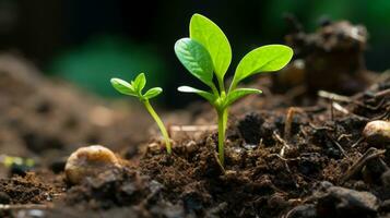 a close up of two young plants growing in the soil generative ai photo