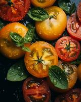 a close up of tomatoes with water droplets on them generative ai photo