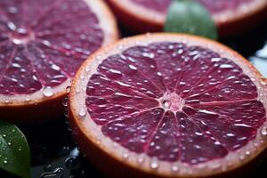 a close up of two slices of blood orange with water droplets generative ai photo