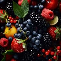 a close up view of a bowl full of berries and other fruits generative ai photo