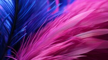 un cerca arriba ver de un azul y rosado pluma generativo ai foto