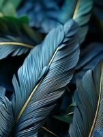 a close up view of a bunch of blue and green feathers generative ai photo