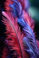 a close up view of a bunch of red and blue feathers generative ai photo