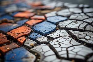 a close up view of a cracked pavement with blue orange and red paint generative ai photo