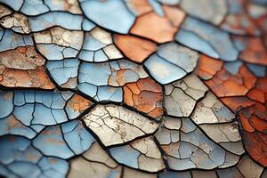 a close up view of a cracked wall with blue orange and red paint generative ai photo