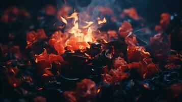 a close up view of a fire burning in the middle of a pile of red and black paper generative ai photo