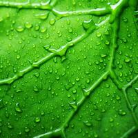 a close up view of a green leaf with water droplets generative ai photo