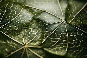 un cerca arriba ver de un hoja con verde las venas generativo ai foto