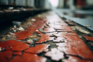 un cerca arriba ver de un rojo grieta en el pavimento generativo ai foto