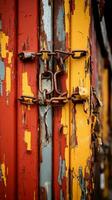 a close up view of a rusty red yellow and blue wall generative ai photo