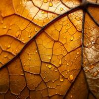 a close up view of an autumn leaf with water droplets generative ai photo