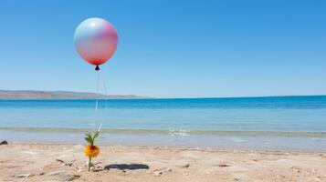 a colorful balloon floating in the air on a sandy beach generative ai photo