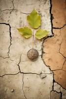 un moneda con un hoja creciente fuera de eso en un agrietado superficie generativo ai foto