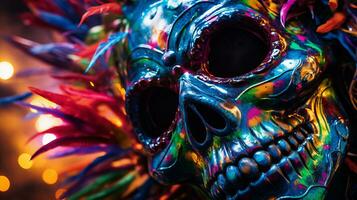 a colorful skull mask with colorful feathers on it generative ai photo