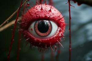 un Siniestro ojo colgando desde un rama con sangre goteo desde eso generativo ai foto