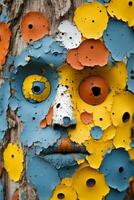 a colorful face painted on a tree trunk with holes in it generative ai photo