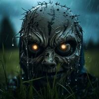 a creepy zombie head with glowing eyes in the rain generative ai photo