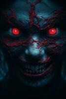 a creepy face with red eyes and blood dripping from its mouth generative ai photo