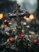 a cross with red roses on it in front of a fire generative ai photo