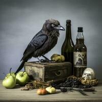 a crow sits on top of an old wooden box with apples and other items generative ai photo