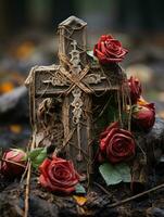 a cross with red roses on top of it generative ai photo