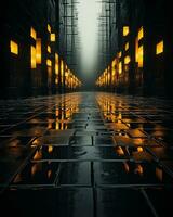 a dark alley with yellow lights on it generative ai photo