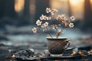 un taza con flores sentado en el suelo en frente de un bosque generativo ai foto