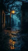 un oscuro callejón a noche con un calle ligero generativo ai foto