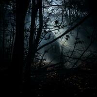 un oscuro brumoso bosque con un casa en el medio generativo ai foto