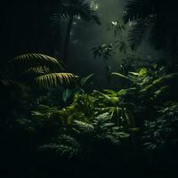 a dark forest with plants and trees in the dark generative ai photo