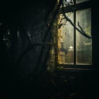 a dark room with a window in the middle of a forest generative ai photo
