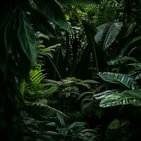 un oscuro lozano selva con un montón de verde plantas generativo ai foto