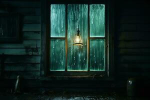 a dark room with a light hanging from the window generative ai photo