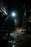 un oscuro habitación con escalera y un ligero viniendo desde encima generativo ai foto