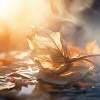 a dead leaf laying on the ground with smoke coming out of it generative ai photo