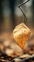 a dead leaf hanging from a branch on the ground generative ai photo