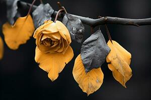 a dead rose on a branch with yellow leaves generative ai photo