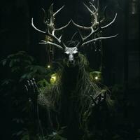 un ciervo estatua en el oscuro con luces en eso generativo ai foto