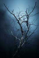 a dead tree in the dark with a blue sky in the background generative ai photo