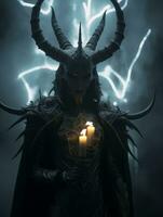 a demon with horns holding a candle in the dark generative ai photo